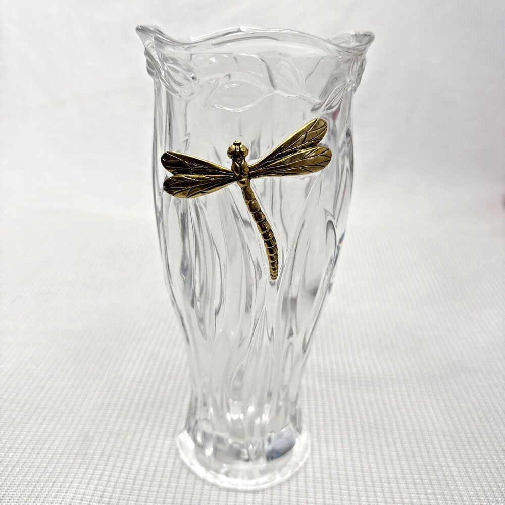 Vintage Germany Gorham Garden Serenade 9” Crystal Vase Brass Dragonfly